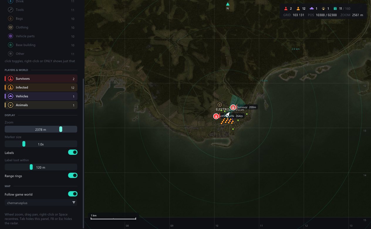 Ickza radar zoomed out to 2.5 km with range rings, showing only food as small dots near the player
